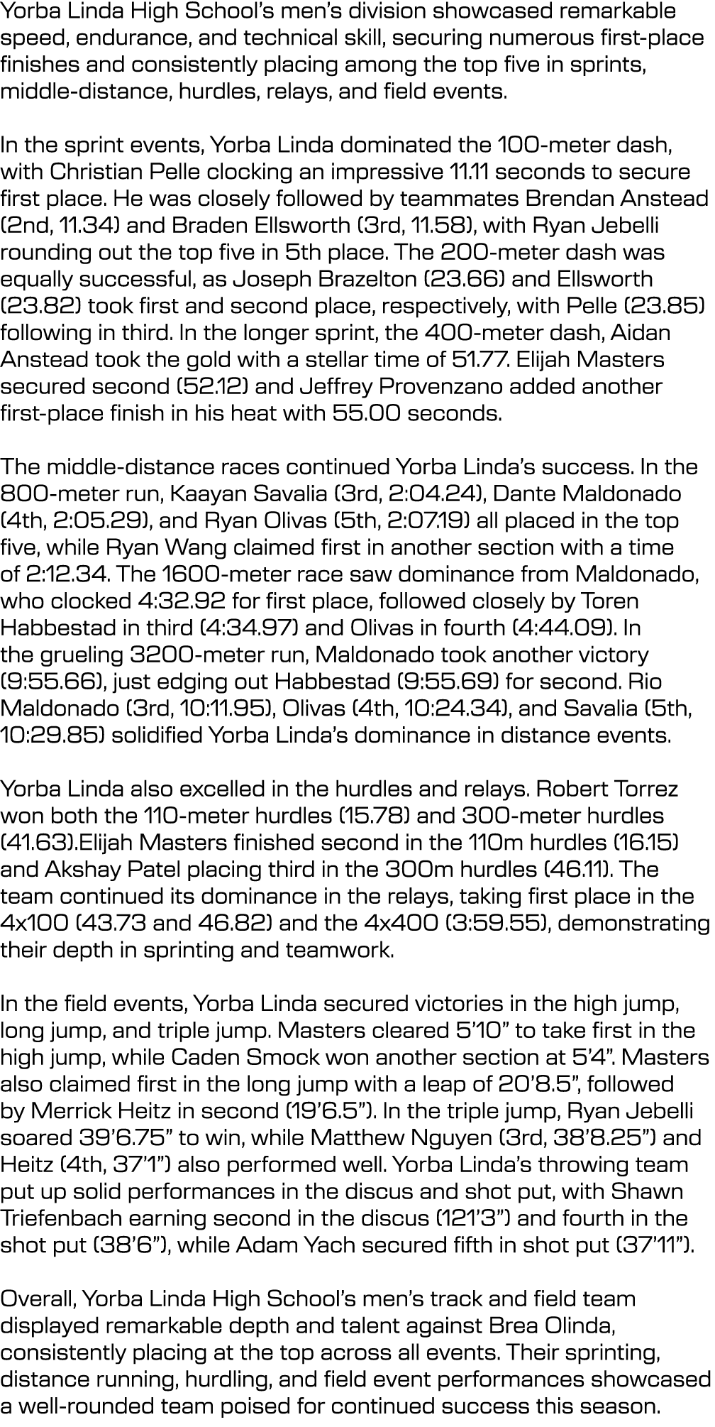 Yorba Linda High School’s men’s division showcased remarkable speed, endurance, and technical skill, securing numerou...