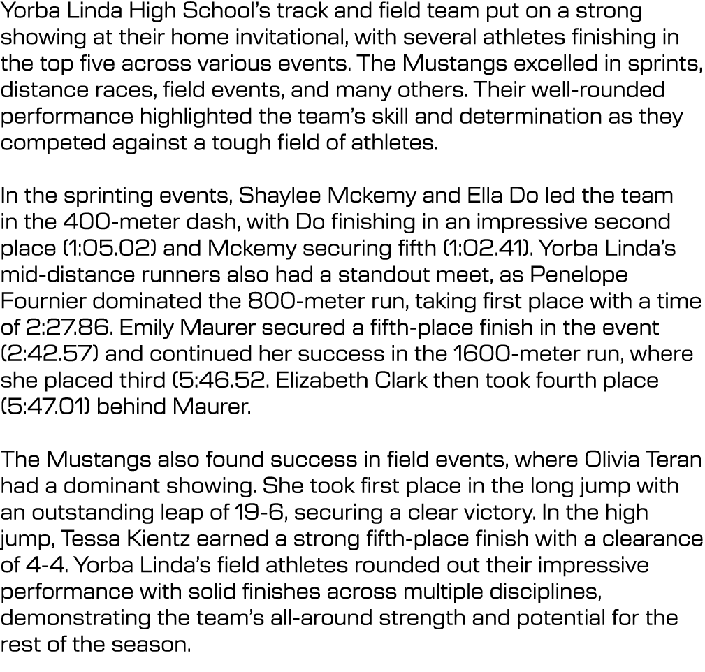 Yorba Linda High School’s track and field team put on a strong showing at their home invitational, with several athle...