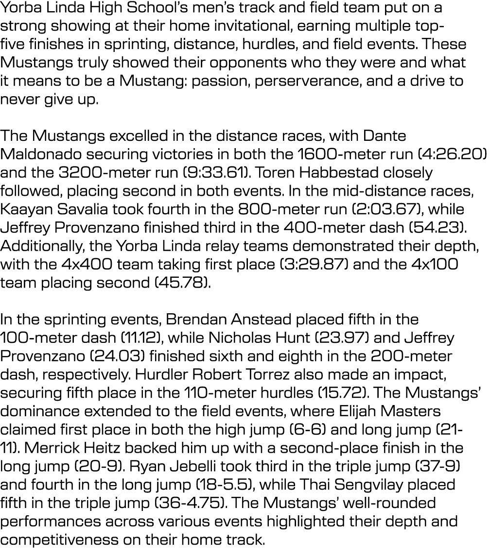 Yorba Linda High School’s men’s track and field team put on a strong showing at their home invitational, earning mult...