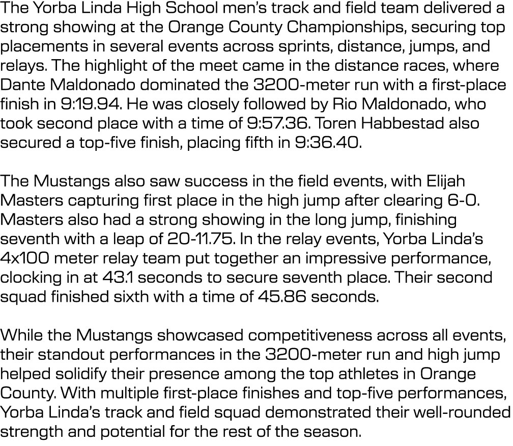 The Yorba Linda High School men’s track and field team delivered a strong showing at the Orange County Championships,...