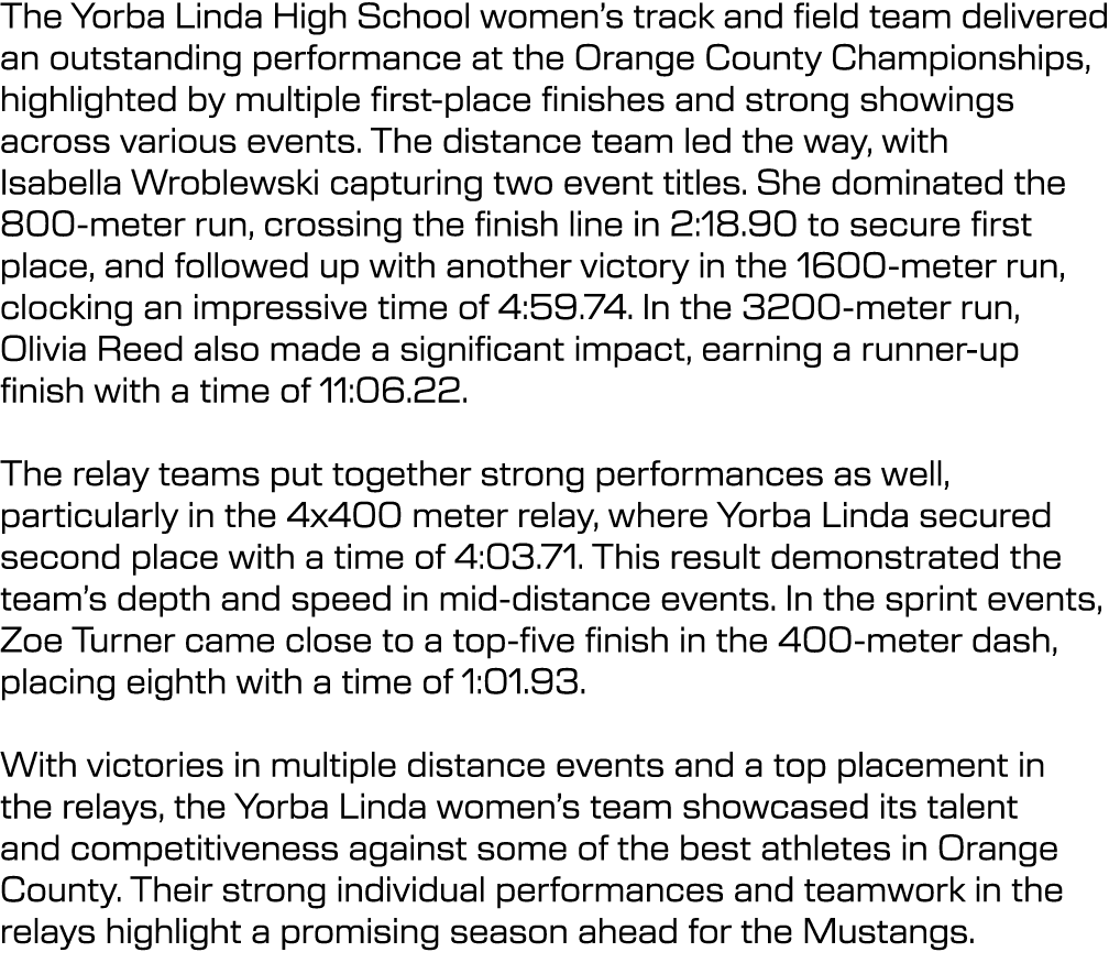 The Yorba Linda High School women’s track and field team delivered an outstanding performance at the Orange County Ch...