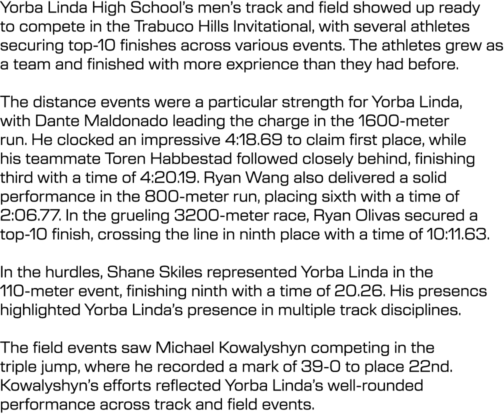 Yorba Linda High School’s men’s track and field showed up ready to compete in the Trabuco Hills Invitational, with se...