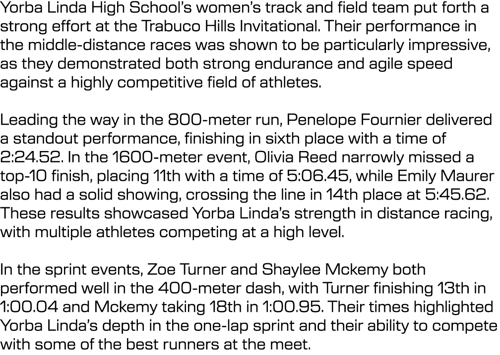 Yorba Linda High School’s women’s track and field team put forth a strong effort at the Trabuco Hills Invitational. T...