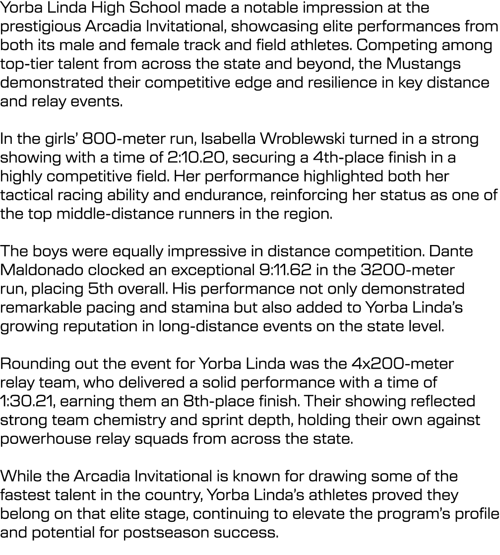 Yorba Linda High School made a notable impression at the prestigious Arcadia Invitational, showcasing elite performan...