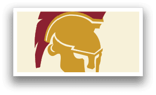 A gold and red spartan helmet with a face on it. AI generated content