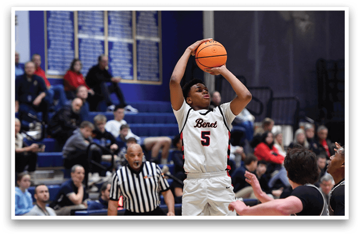 A basketball player is attempting to block a shot by another player. AI generated content