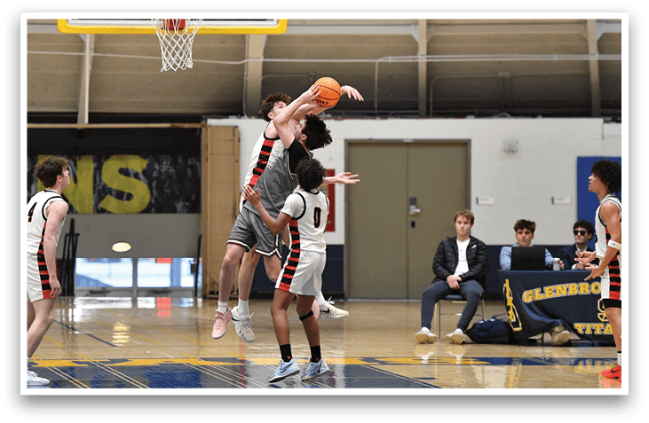 A group of basketball players on a court, one of them is jumping to shoot the ball. AI generated content
