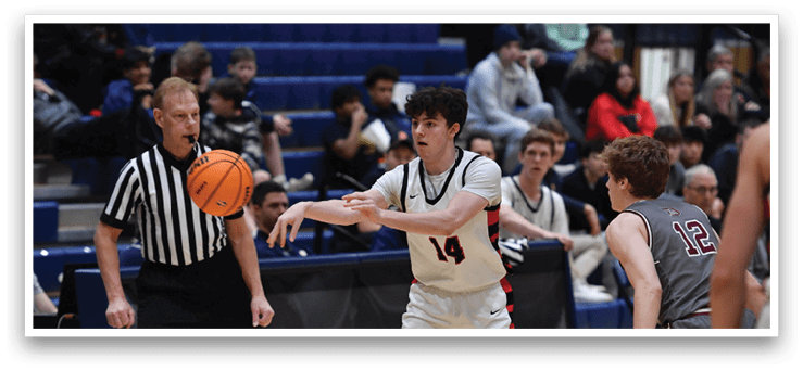 Two basketball players are playing on a court, one of them is trying to block the other from getting the ball. AI generated content