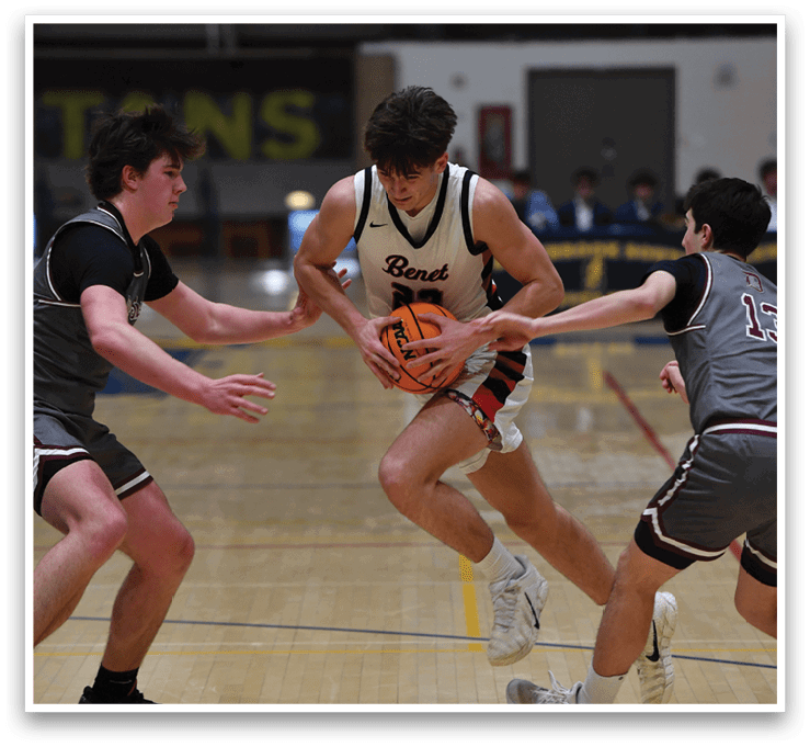 Three men are playing basketball, one of them is trying to take the ball from another player. AI generated content