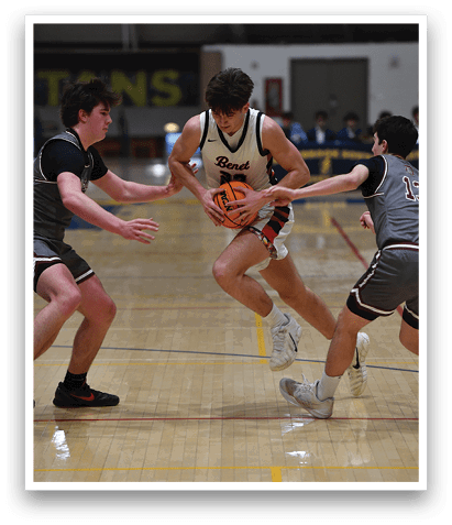 Three men are playing basketball, one of them is trying to take the ball from another player. AI generated content