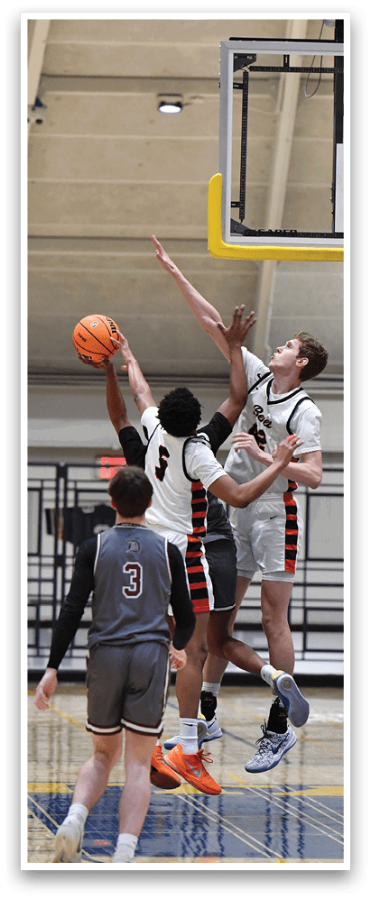 Two basketball players are leaping in the air to reach the ball. AI generated content