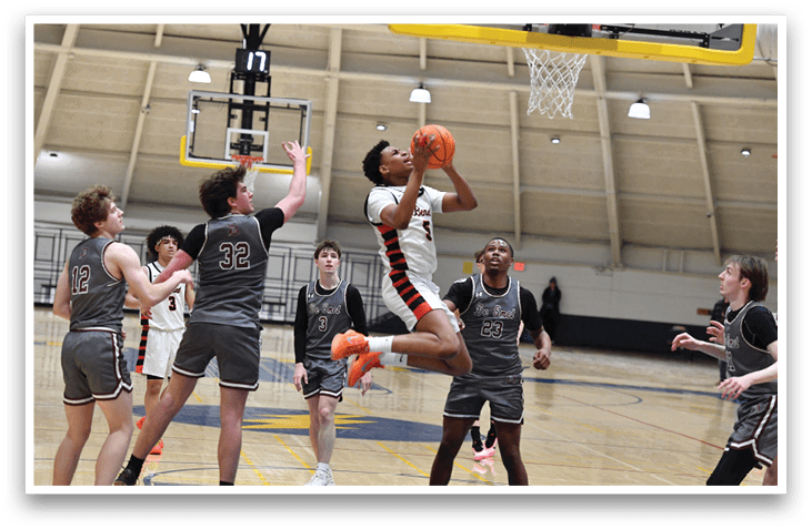 A group of men playing basketball, with one man jumping to shoot the ball. AI generated content