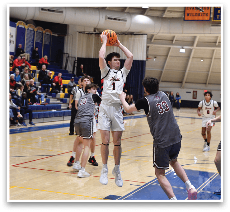 A basketball player is jumping in the air to shoot the ball. AI generated content