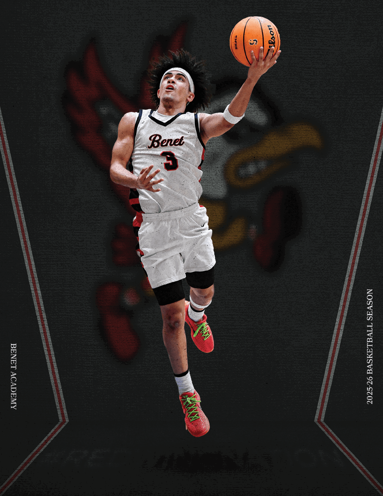 A basketball player wearing a white jersey with the number 3 on it is jumping in the air to catch the ball. AI generated content
