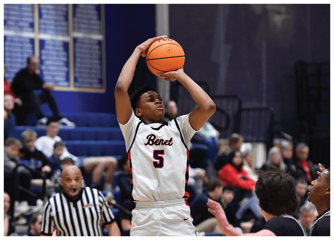 A basketball player is attempting to block a shot by another player. AI generated content