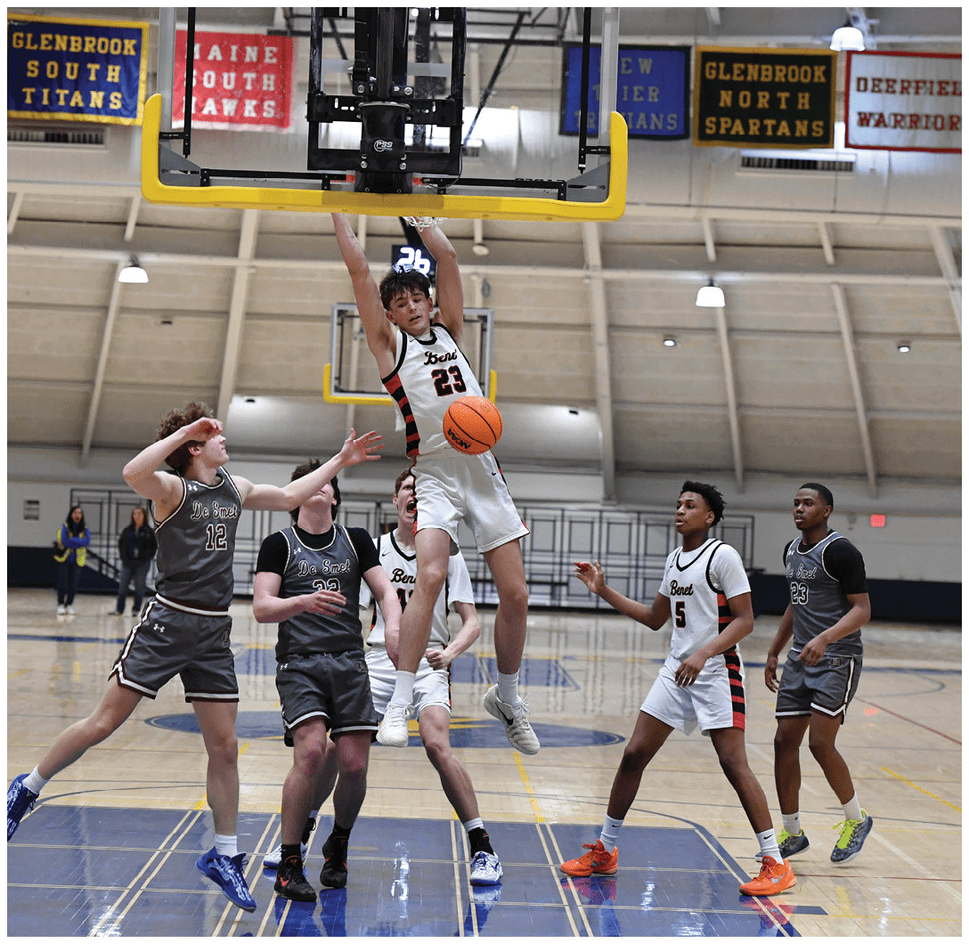 A basketball player leaps in the air to block a shot. AI generated content