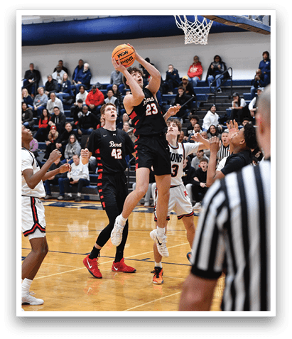 A basketball player is attempting to block a shot by another player. AI generated content