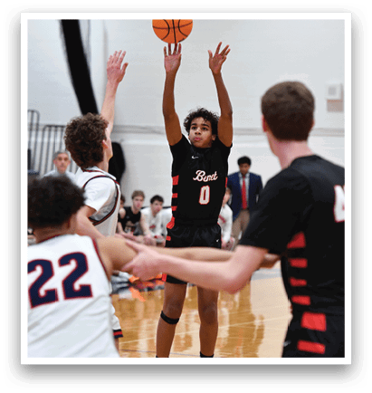 A group of men playing basketball, one of them is reaching for the ball. AI generated content
