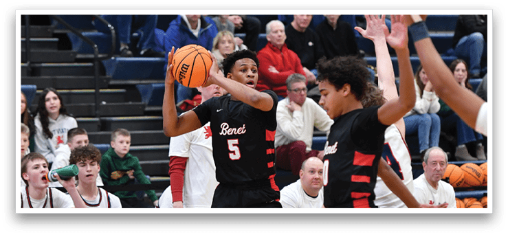 A basketball player is dribbling the ball while other players are watching. AI generated content