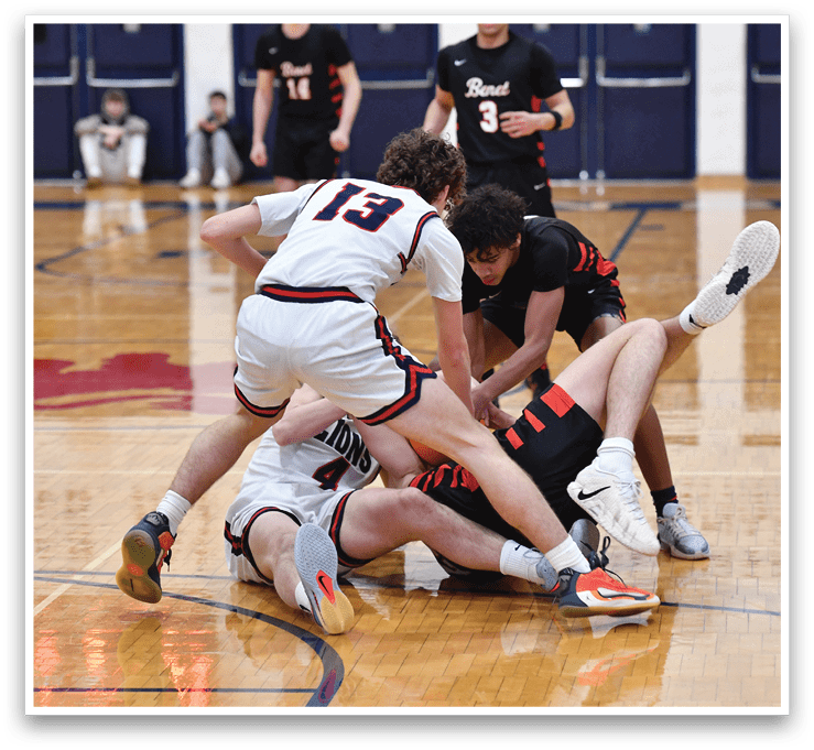 A group of men playing basketball on a court. AI generated content