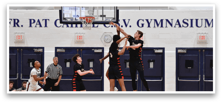 Basketball players on a court, one of them jumping to block a shot. AI generated content