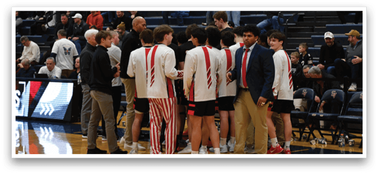 A group of young men wearing red and white uniforms are standing on a basketball court. AI generated content