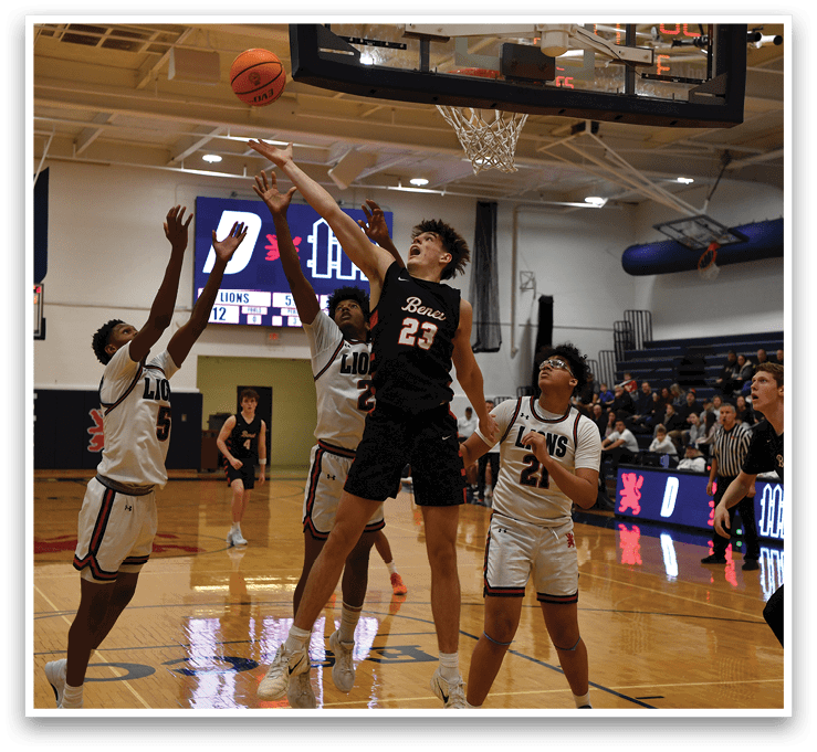 A group of basketball players on a court, one of them jumping to block a shot. AI generated content