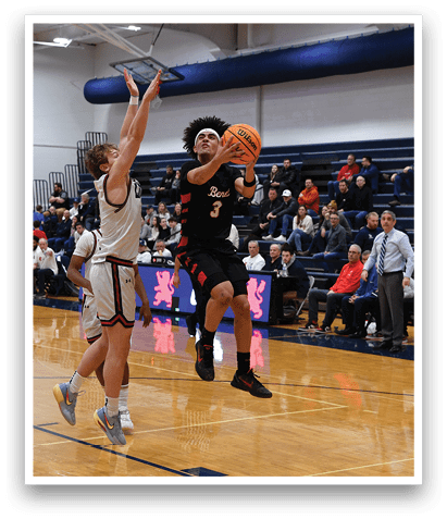 Two basketball players are competing for a rebound. AI generated content