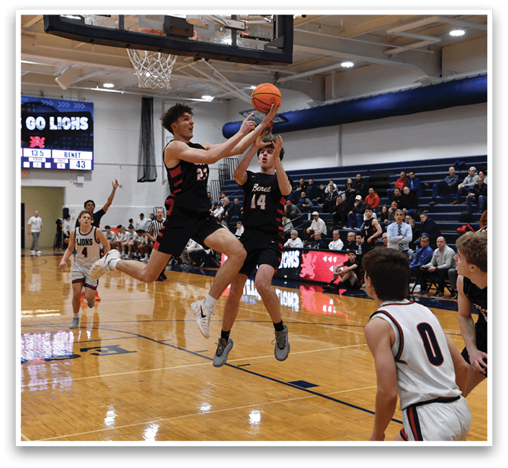 A basketball game is in progress with two players competing for the ball. One player is attempting to shoot the ball while the other player tries to block the shot. The crowd watches intently as the players showcase their skills. AI generated content