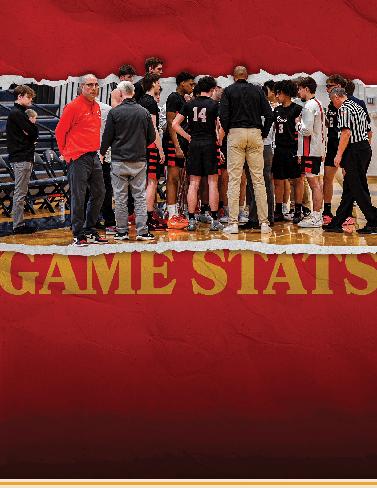 A group of people are standing on a basketball court, some of them wearing black and red uniforms. AI generated content