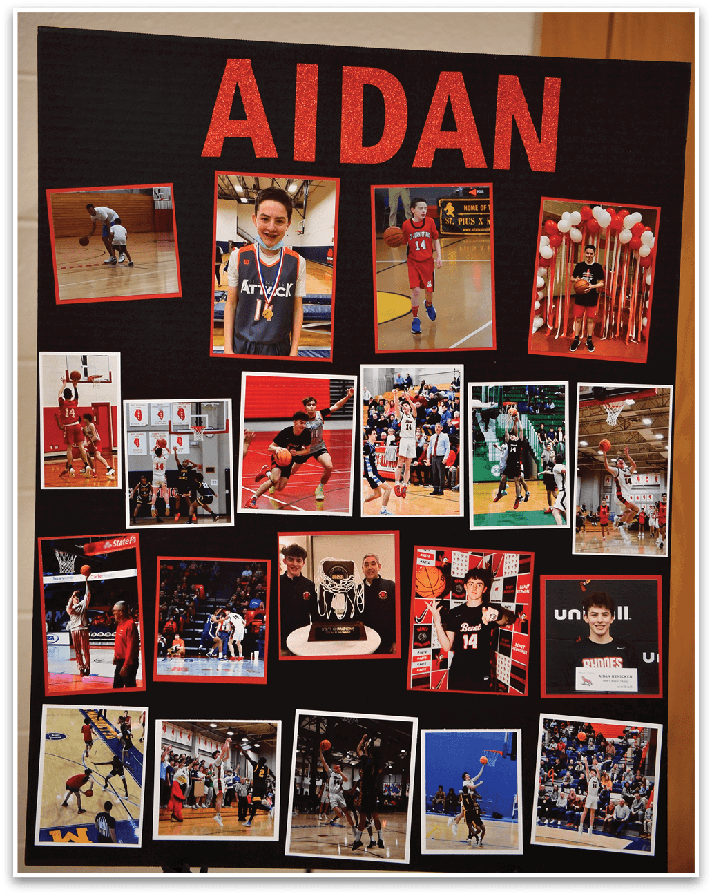 A collage of photos of a basketball player named Aidan. AI generated content
