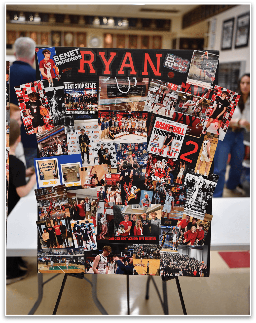 A display of photos and memorabilia from the basketball team Ryan. AI generated content