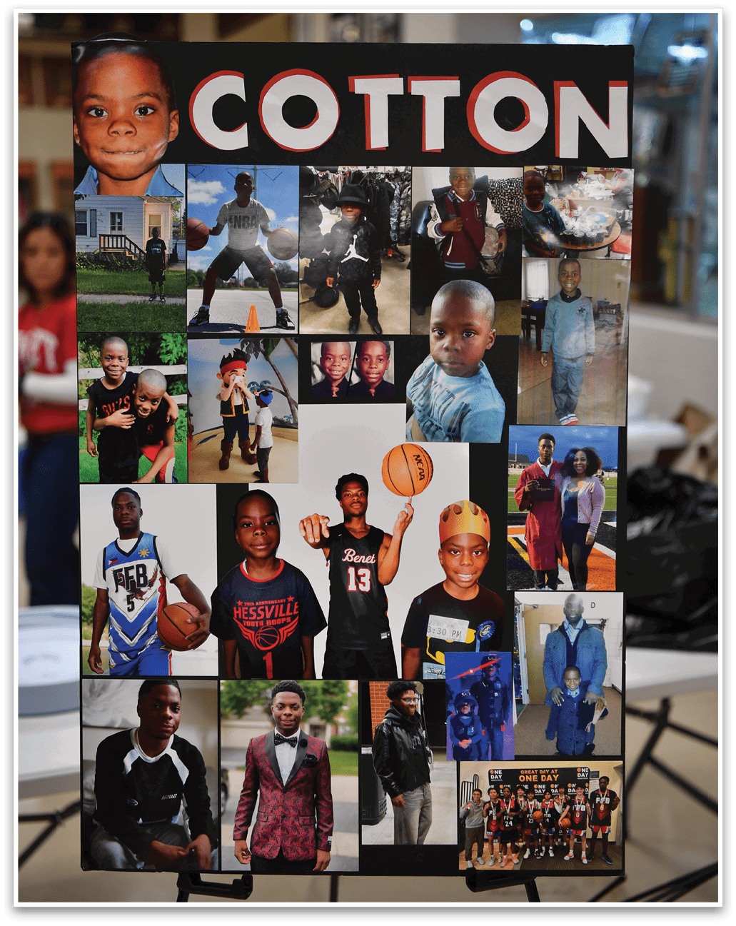 A collage of photos of people is displayed on a table. AI generated content
