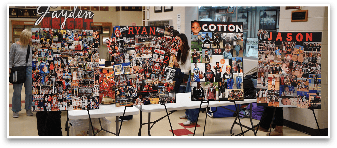 A display of photos and memorabilia is set up in a room. AI generated content