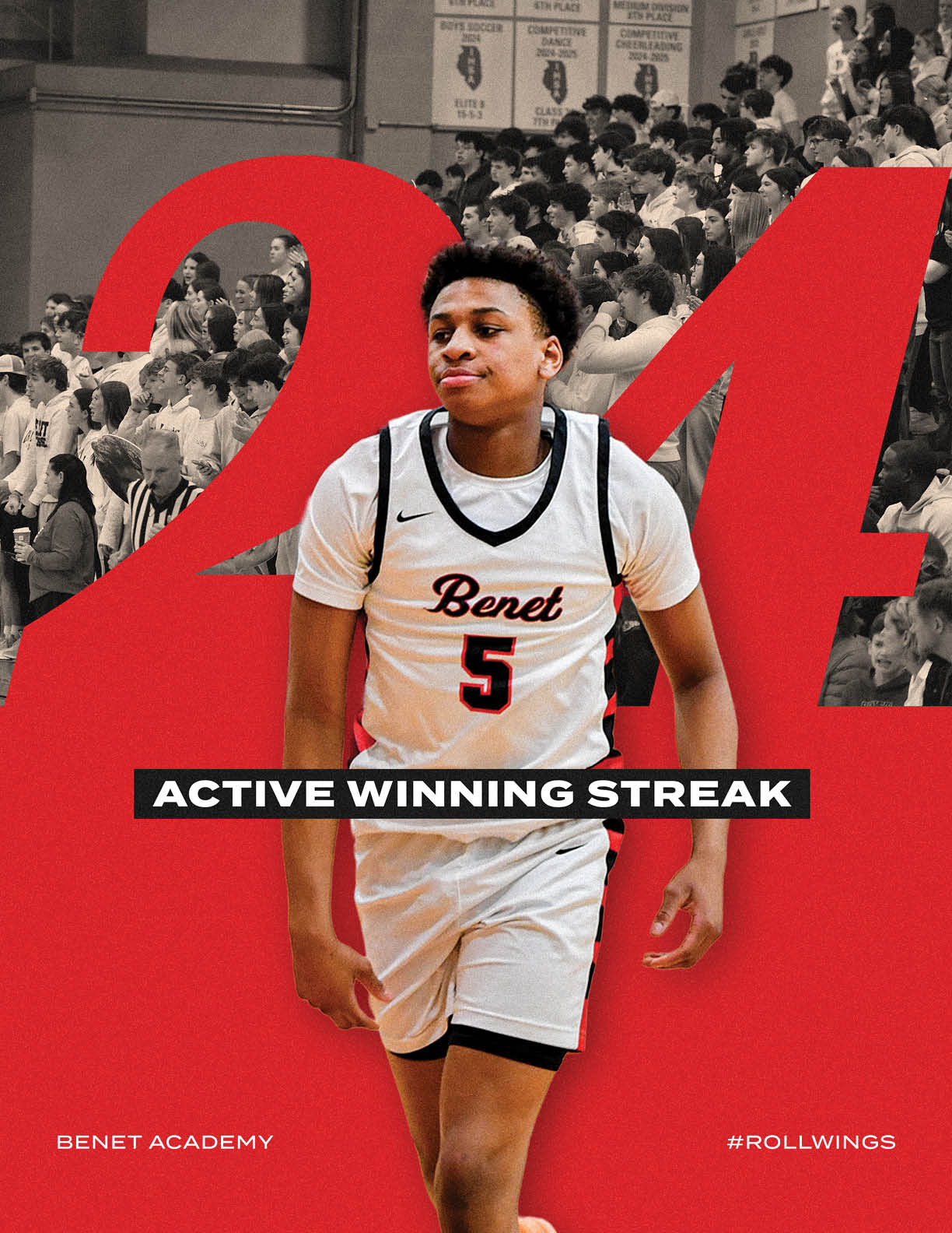 A basketball player wearing a number 5 jersey is shown on a poster. AI generated content