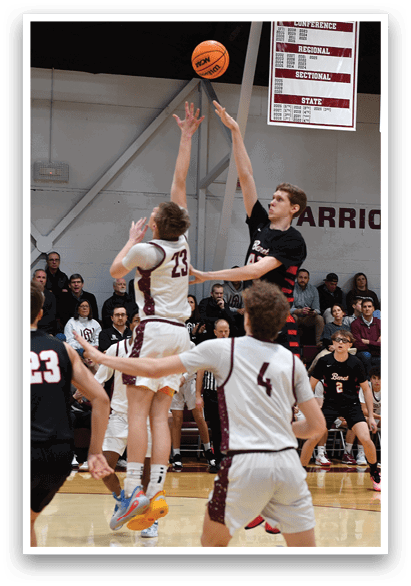 Two basketball players are fighting for the ball, with one player reaching up to block the other's shot. The crowd watches intently as the players try to gain possession of the ball. AI generated content