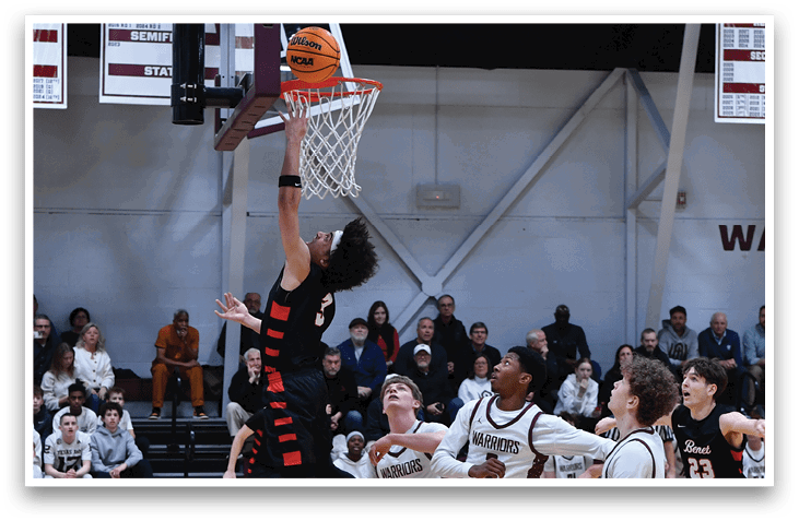 A basketball player is leaping in the air to block a shot. AI generated content