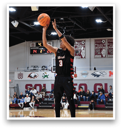 A basketball player is in the air, holding the ball, while a referee watches. AI generated content