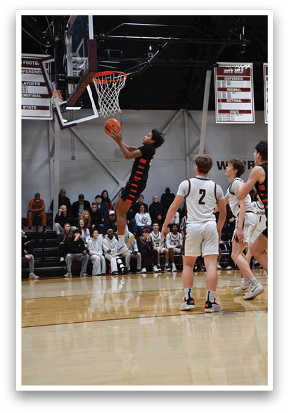 A basketball player is jumping in the air to dunk the ball. AI generated content
