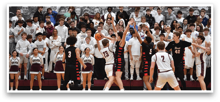 A group of people are playing basketball on a court, with a crowd of spectators watching. AI generated content