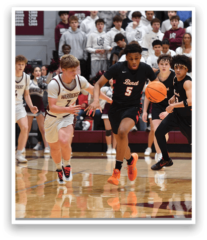 A basketball game is taking place with a crowd of people watching. Two players are running for the basketball, one wearing a black shirt and the other wearing a white shirt. The players are holding the basketball in their hands, and the crowd is cheering them on. AI generated content