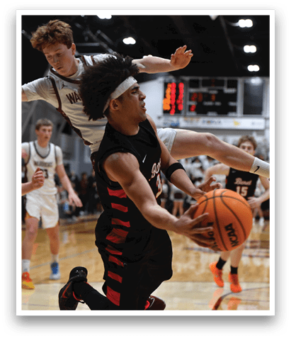 A basketball player is diving for the ball while another player tries to block him. AI generated content