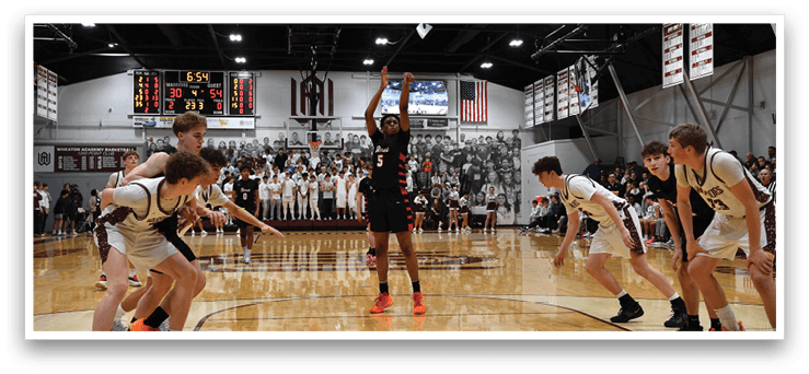 Basketball players on a court, one player is holding the ball. AI generated content