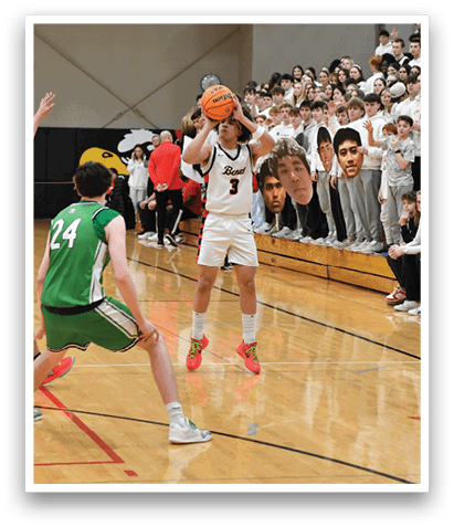Basketball players on a court with a referee and a crowd watching. AI generated content