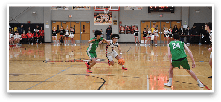 A group of young men playing basketball on a court. AI generated content