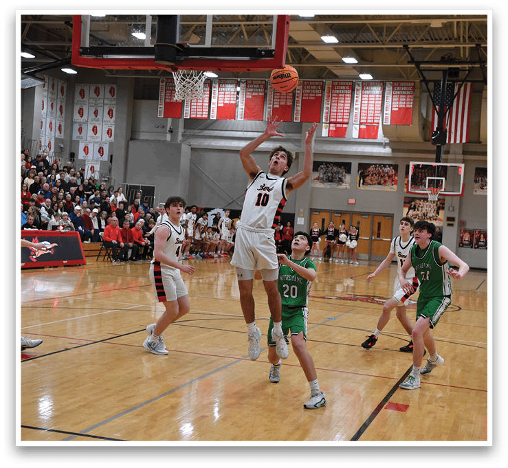 A basketball player is jumping to shoot the ball. AI generated content