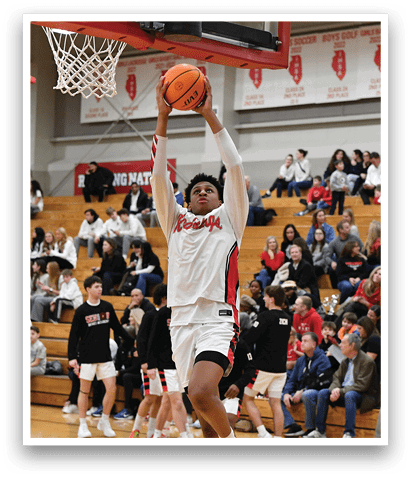 A basketball player is jumping to shoot the ball in a game. AI generated content