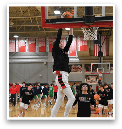 A basketball player is jumping to dunk the ball in a gym. AI generated content