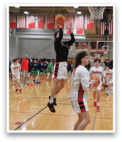 A basketball player is jumping in the air to shoot the ball. AI generated content