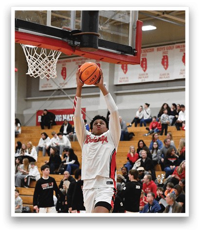A basketball player is jumping to shoot the ball in a game. AI generated content